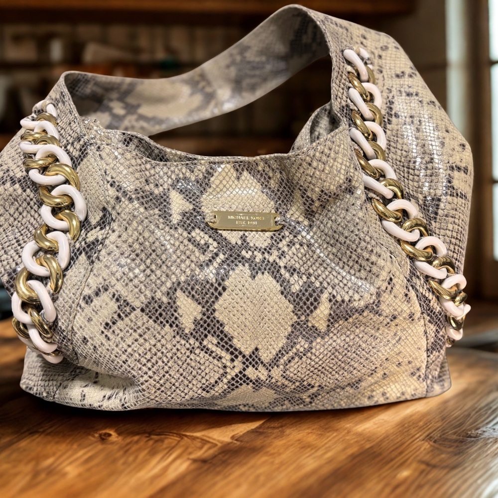 Michael Kors Snakeskin Chain Shoulder Tote Bag | Gold Hardware | Jet Set Chic